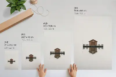 Decorative poster a wooden cottage in a minimalist style by the water