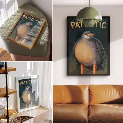 Premium wall art funny bird with unusual colors on a turquoise background