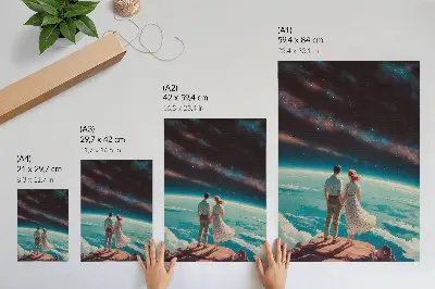 Poster people on a cliff looking at the stars in space