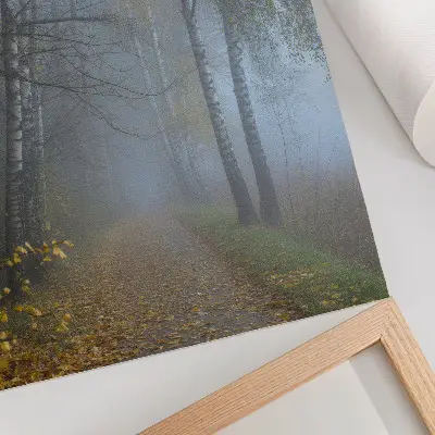 Decorative poster foggy autumn forest with birch trees and yellow leaves