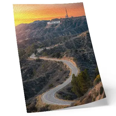 Decorative poster featuring hills, road, and sunset dreams inscription