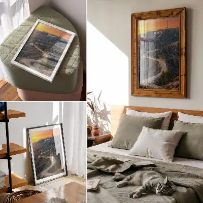 Decorative poster featuring hills, road, and sunset dreams inscription
