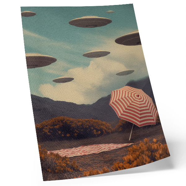Art print Picturesque landscape, umbrella and mysterious objects