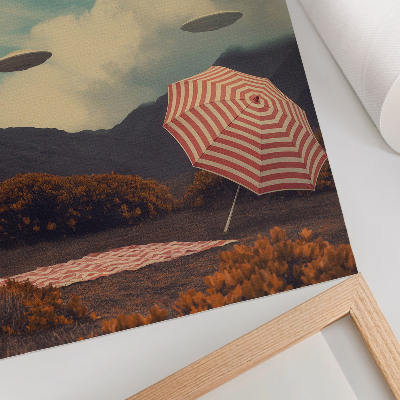Art print Picturesque landscape, umbrella and mysterious objects