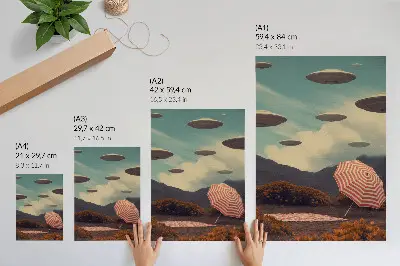 Art print picturesque landscape with umbrella and mysterious objects