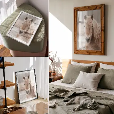Decorative poster featuring a horse in winter with gentle colors and a peaceful nature theme