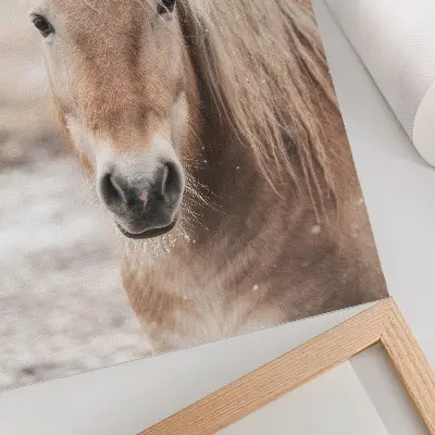 Decorative poster featuring a horse in winter with gentle colors and a peaceful nature theme
