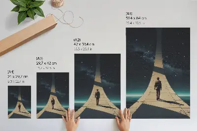 Person on the road at night in space perspective poster 