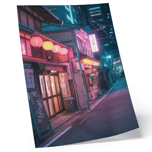 Premium wall art neon lanterns on a charming city street at night