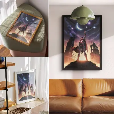 Art print featuring a dynamic figure under a night sky with mysterious ruins
