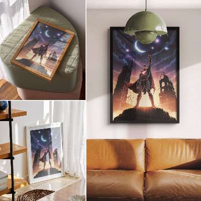Art print Night sky, dynamic figure, mysterious ruins