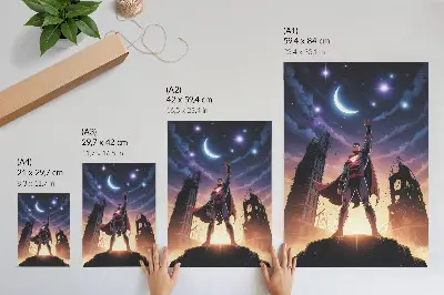 Art print featuring a dynamic figure under a night sky with mysterious ruins