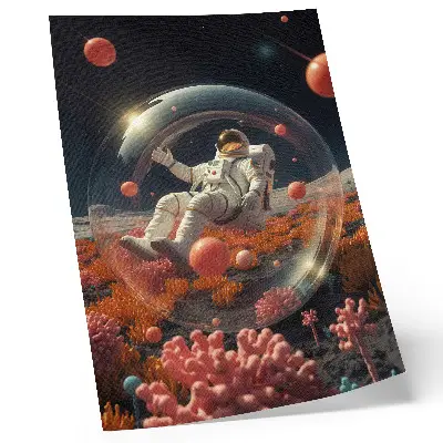 Premium wall art featuring an astronaut among colorful space plants and cosmos