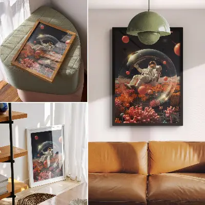 Premium wall art featuring an astronaut among colorful space plants and cosmos
