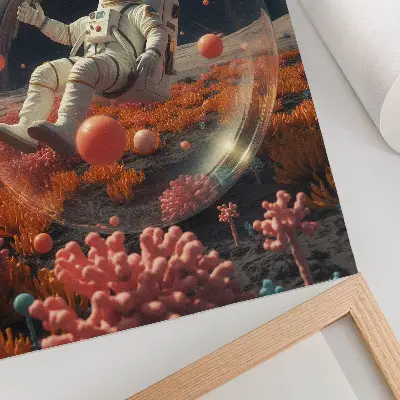 Premium wall art featuring an astronaut among colorful space plants and cosmos