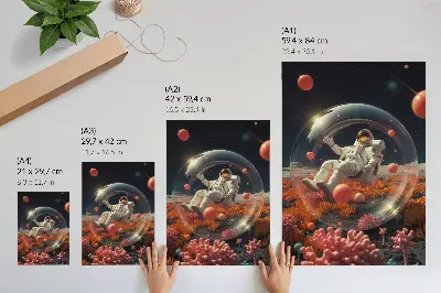 Premium wall art featuring an astronaut among colorful space plants and cosmos