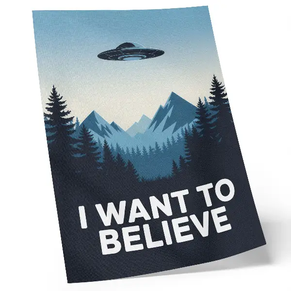 Poster featuring a mysterious UFO in a forest and mountain landscape in a modern style