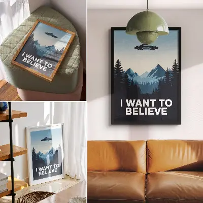 Poster featuring a mysterious UFO in a forest and mountain landscape in a modern style