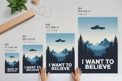 Poster featuring a mysterious UFO in a forest and mountain landscape in a modern style