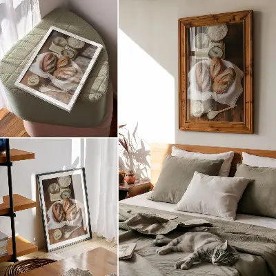 Poster bread basket with flour and a scale on a wooden surface