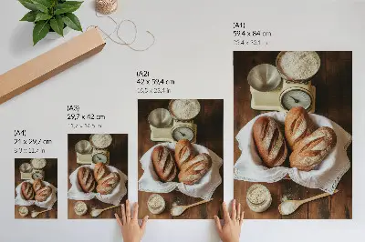 Poster bread basket with flour and a scale on a wooden surface