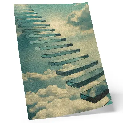 Art print glass stairs in the clouds with a turquoise sky