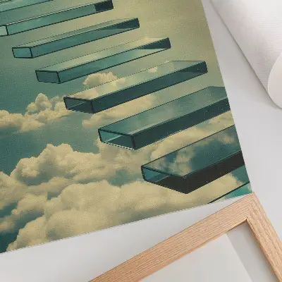 Art print glass stairs in the clouds with a turquoise sky