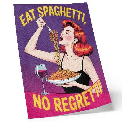Colorful woman eating spaghetti with wine art print 
