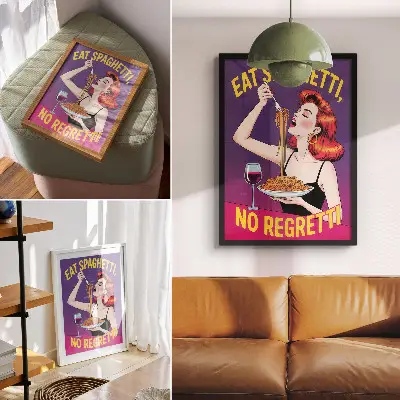 Colorful woman eating spaghetti with wine art print 