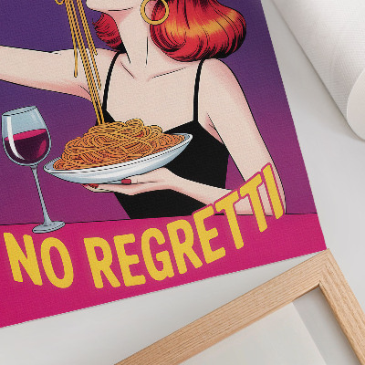 Art print Colorful woman eating spaghetti with wine