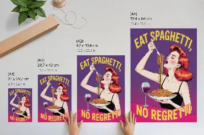 Colorful woman eating spaghetti with wine art print 