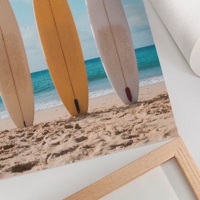 Art print Surfboards on the beach under a blue sky