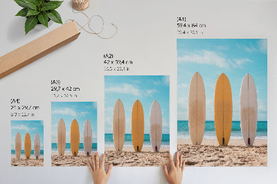 Art print Surfboards on the beach under a blue sky