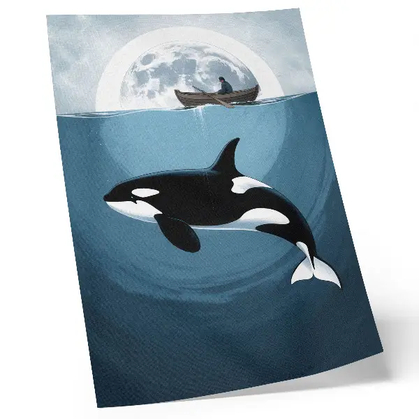 Premium wall art killer whale swimming underwater with a boat silhouette and moon in the background