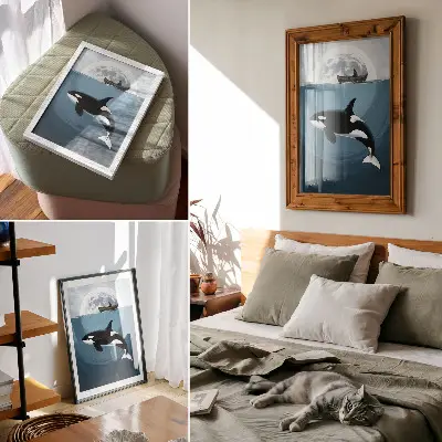 Premium wall art killer whale swimming underwater with a boat silhouette and moon in the background