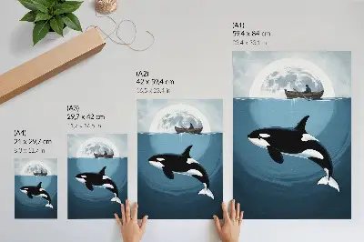 Premium wall art killer whale swimming underwater with a boat silhouette and moon in the background