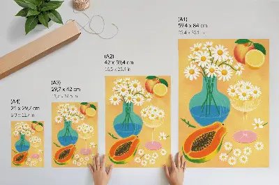 Art print colorful daisies in an illustrative juicy fruits style