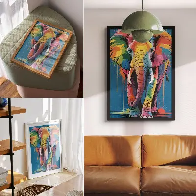 Premium wall art colorful elephant with intense contrasting colors