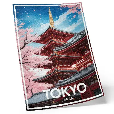 Premium wall art pagoda architecture with pink flowers harmony