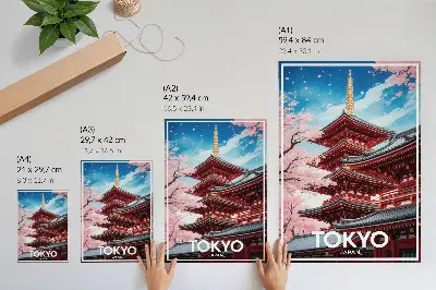 Premium wall art pagoda architecture with pink flowers harmony
