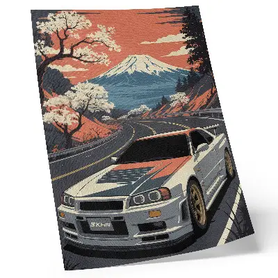 Poster sports car in a dynamic mountain landscape