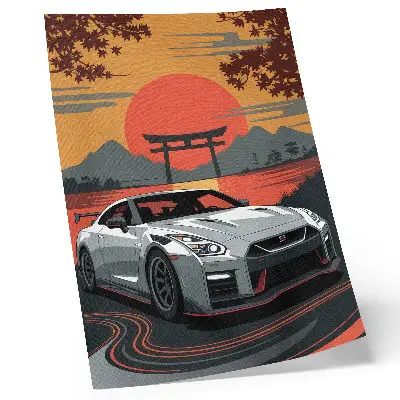 Art print featuring a car in a harmonious Japanese landscape