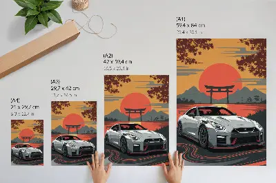 Art print featuring a car in a harmonious Japanese landscape