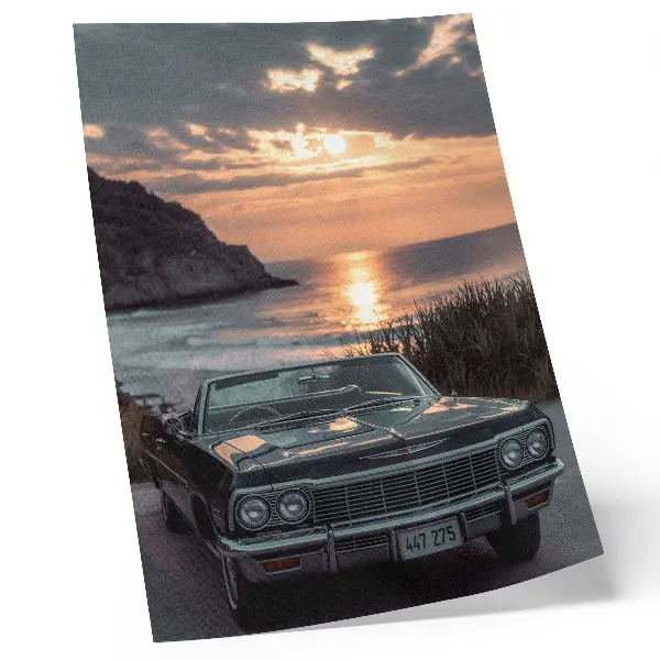 Premium wall art featuring a retro car driving into a nostalgic sunset over the sea