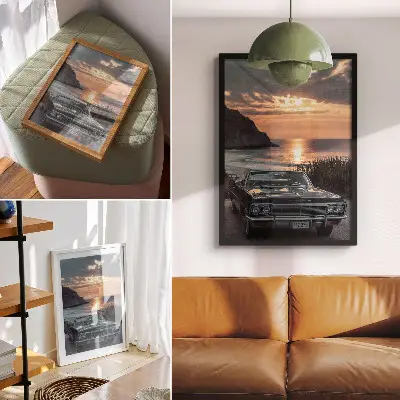 Premium wall art featuring a retro car driving into a nostalgic sunset over the sea