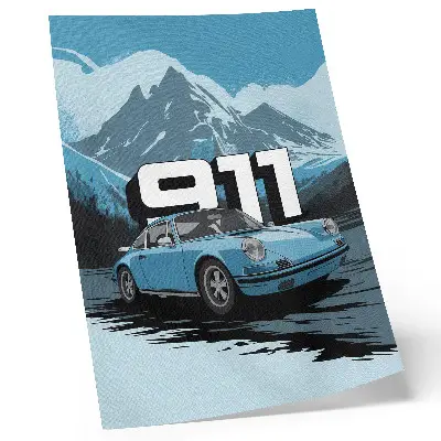 Poster classic car with mountain background and large lettering