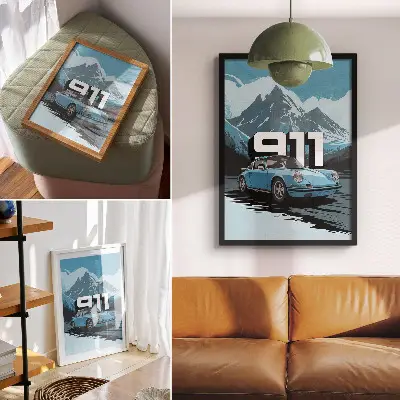 Poster classic car with mountain background and large lettering