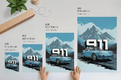 Poster classic car with mountain background and large lettering