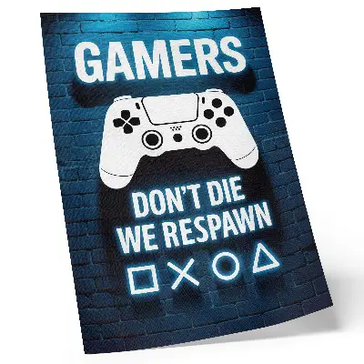Art print featuring a blue brick wall with white controllers and lettering