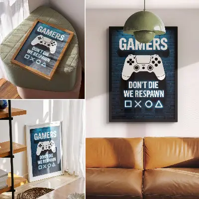 Art print featuring a blue brick wall with white controllers and lettering